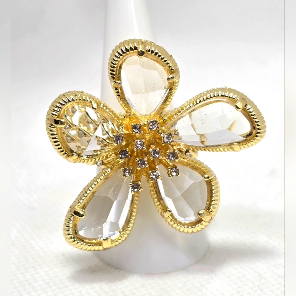Gold and Clear Crystal With CZs Flower Ring